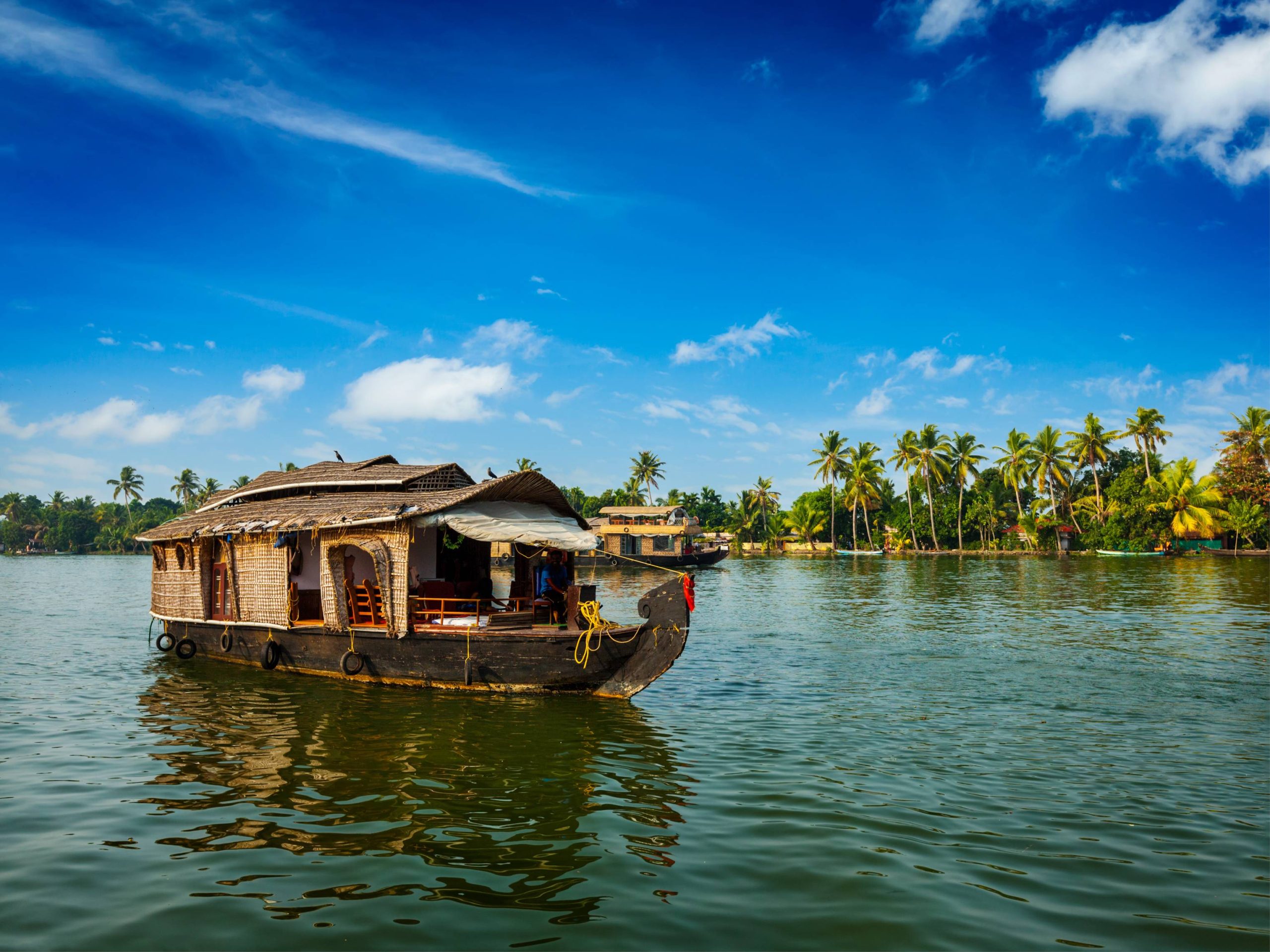 Traditional Kumarakom houseboat cruising along the lush Kerala backwaters